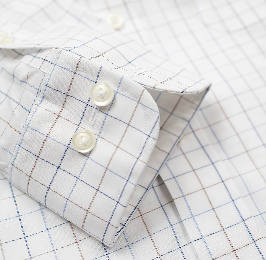 022 BD - White Ground Blue/Tan Check Button Down Collar (95/5) Cooper and Stewart 