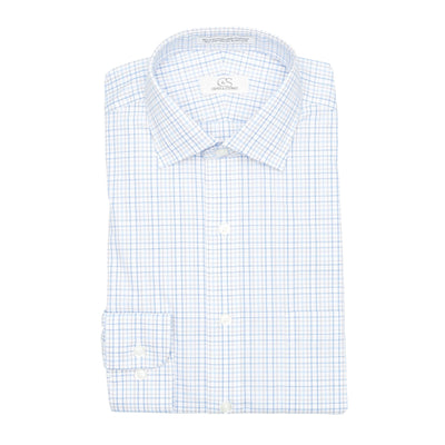 127 SC - White Ground Blue/Tan Plaid Spread Collar Dress Shirt Cooper and Stewart