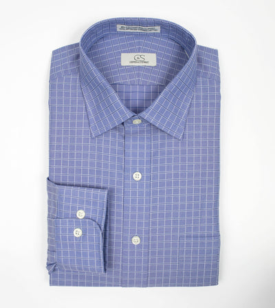 073 TF SC - Blue Satin Check Tailored Fit Spread Collar Cooper and Stewart