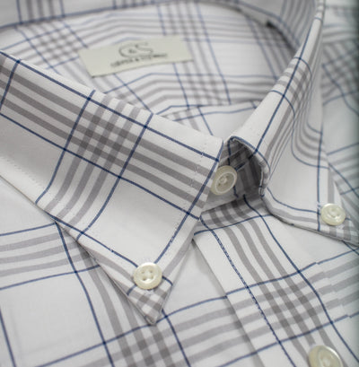 090 BD - Off White Windowpane w/Blue & Taupe Button Down Collar (95/5) Cooper and Stewart