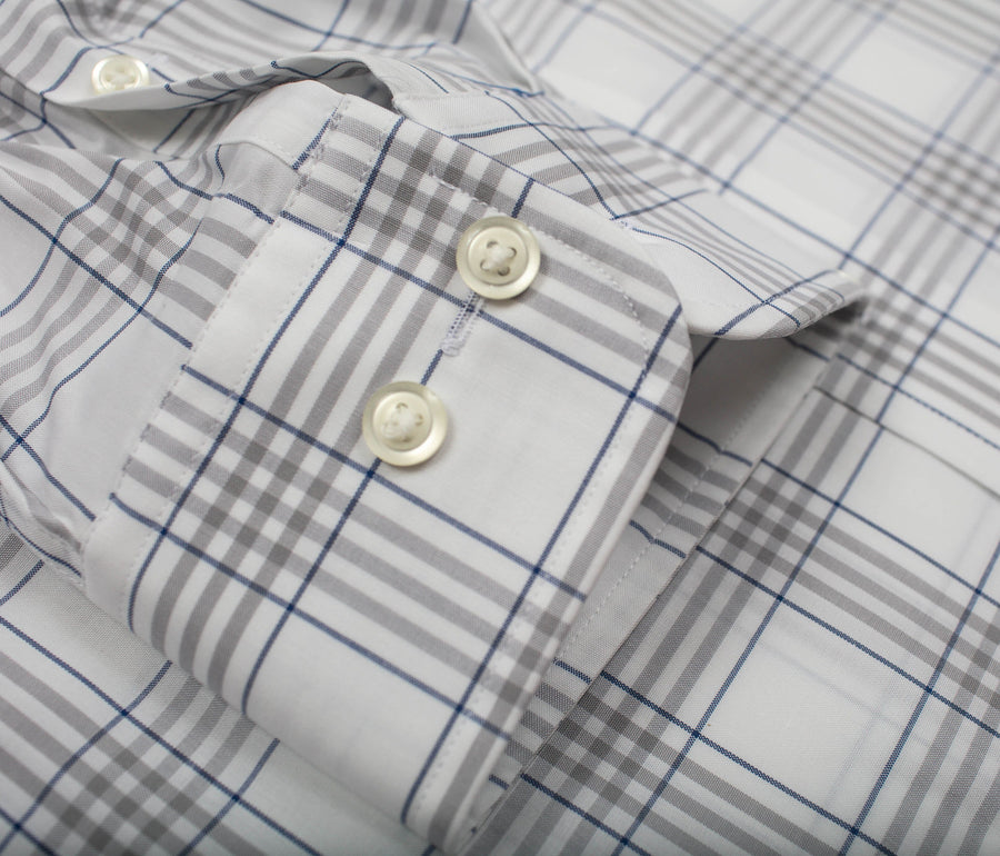 090 BD - Off White Windowpane w/Blue & Taupe Button Down Collar (95/5) Cooper and Stewart 