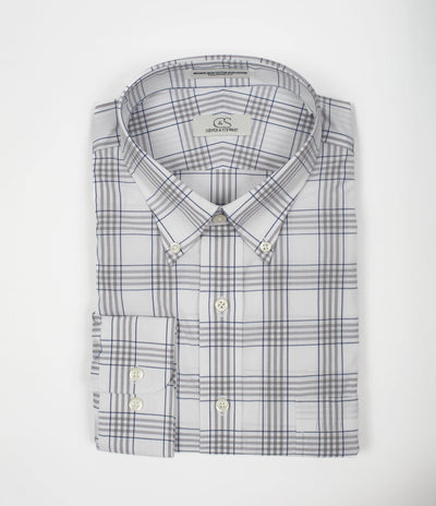 090 BD - Off White Windowpane w/Blue & Taupe Button Down Collar (95/5) Cooper and Stewart