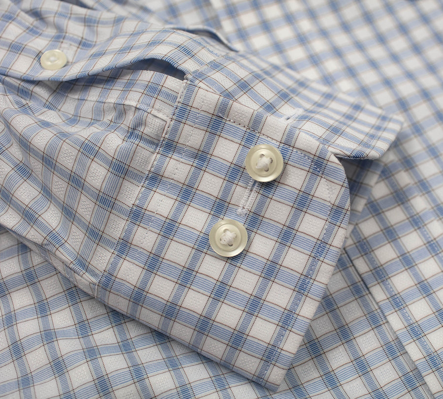 103 TF SC - White Ground w/Blue & Tan Check Tailored Fit Spread Collar Cooper and Stewart 