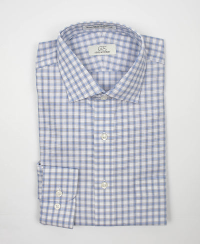 103 TF SC - White Ground w/Blue & Tan Check Tailored Fit Spread Collar Cooper and Stewart