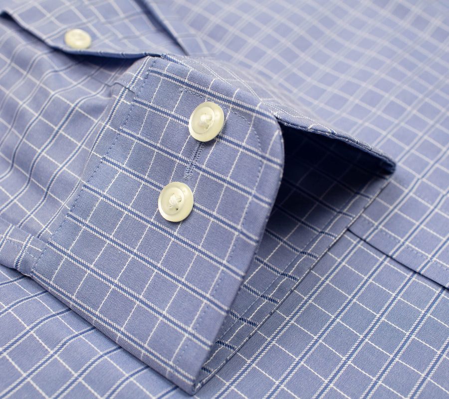 114 BD - Blue Satin Check Button Down Collar Dress Shirt Cooper and Stewart 