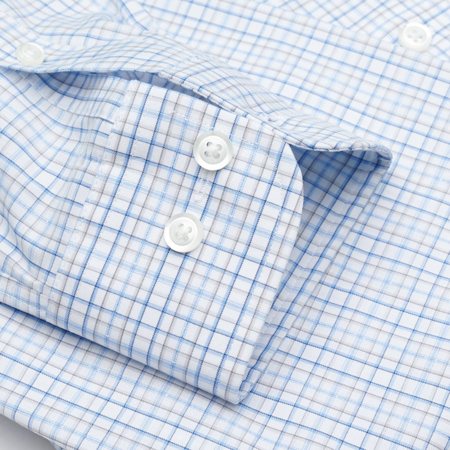 127 TF SC - White Ground Blue/Tan Plaid Tailored Fit Spread Collar Cooper and Stewart 