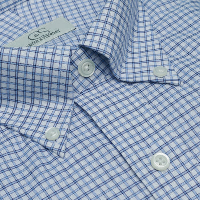 082 TF BD - White Ground Blue Plaid Tailored Fit Button Down Collar Cooper and Stewart