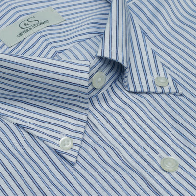 071 TF BD - White Ground Blue Stripe Tailored Fit Button Down Collar Cooper and Stewart