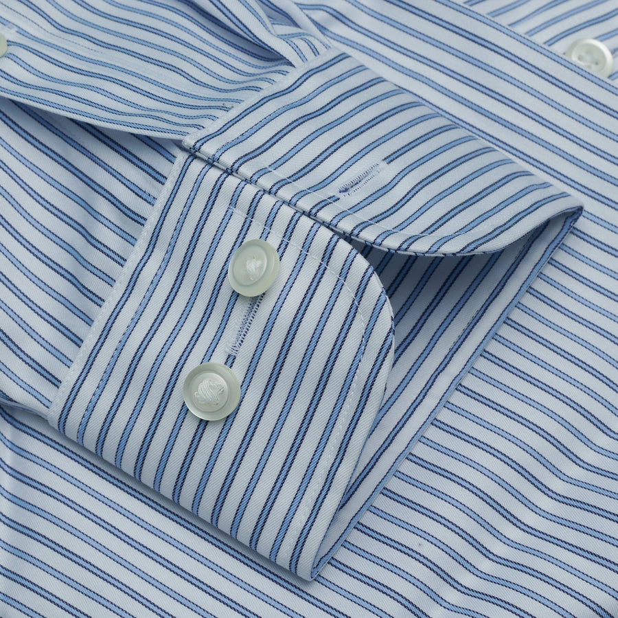 071 TF BD - White Ground Blue Stripe Tailored Fit Button Down Collar Cooper and Stewart 