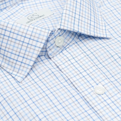 127 SC - White Ground Blue/Tan Plaid Spread Collar Dress Shirt Cooper and Stewart